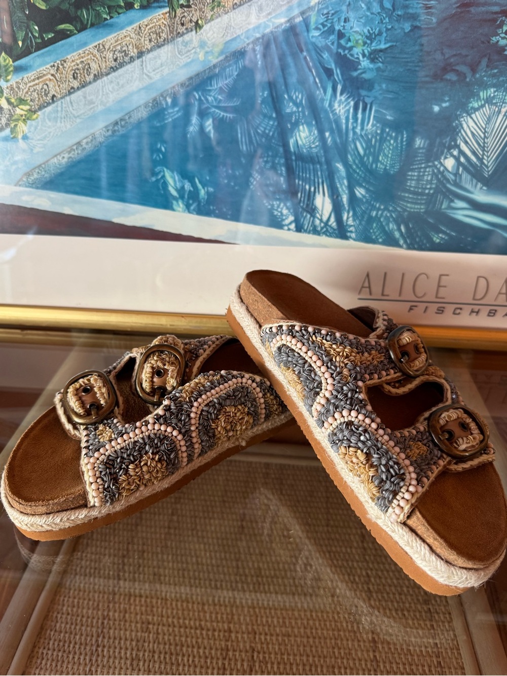 House of Harlow 1960 Beaded Double Buckle Slide Sandals Size 7.5